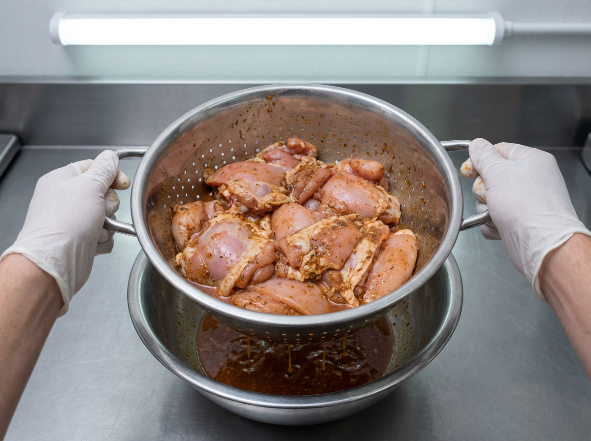 ①鶏肉をザルにあげる