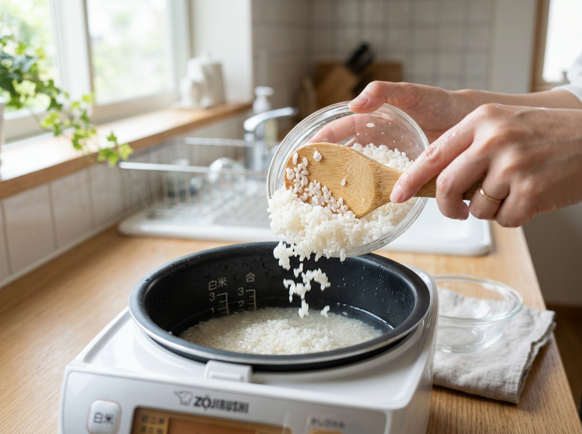 ①炊飯器に米を入れる